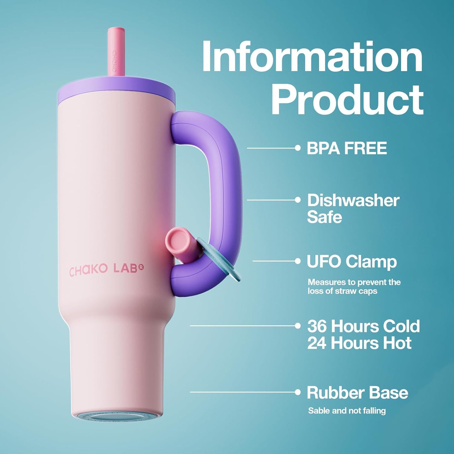 CHAKO LAB BaWang Insulated Stainless Steel Tumbler | Tumbler with Handle and Straw 35oz | Cup Holder Friendly for Travel | Leakproof Water Bottle | BPA-Free | 316 stainless steel liner| Purple - Image 2