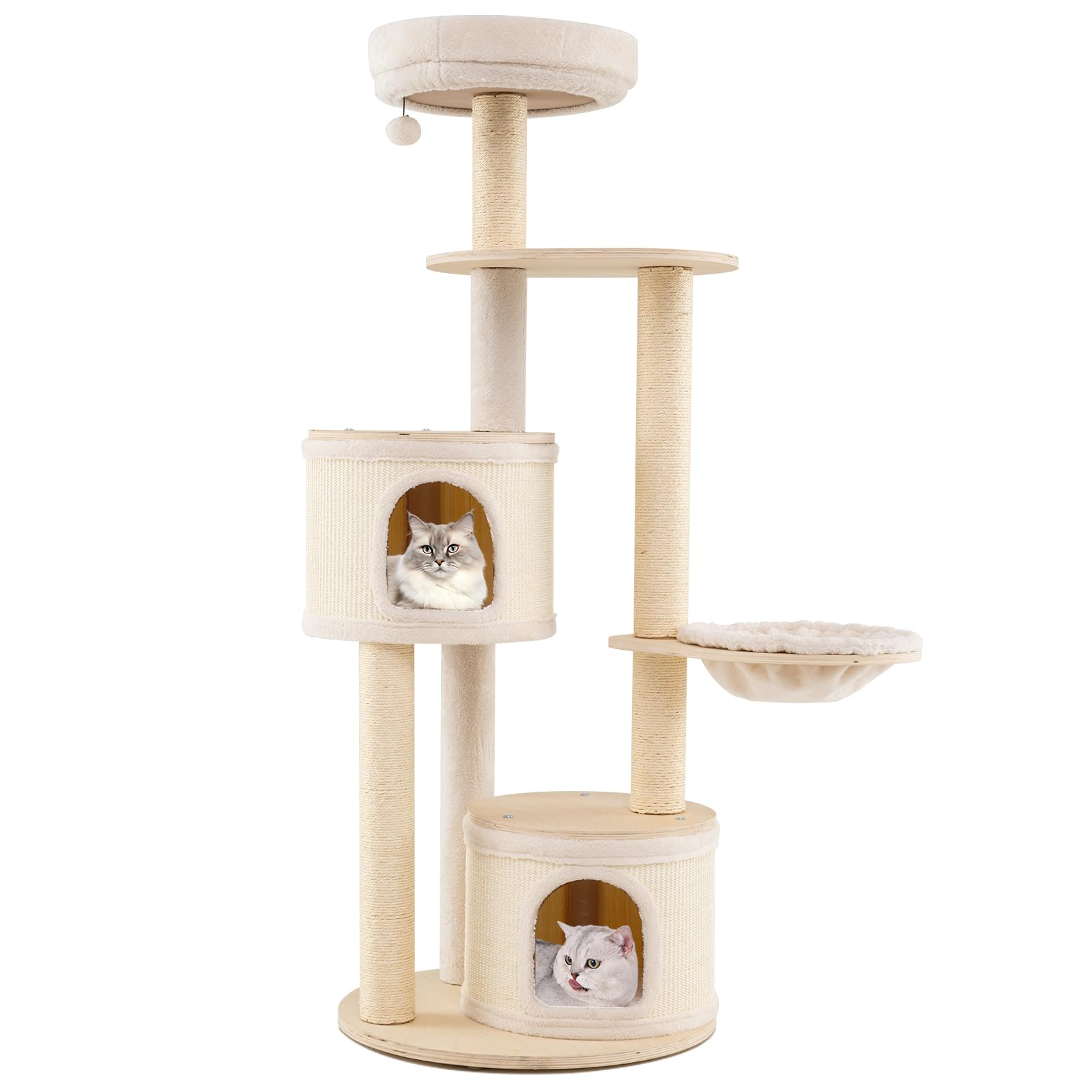 GYMAX Árbol Alto para Gatos, Centro de Actividades Multinivel para Gatitos, Torre con Postes Rascadores de Sisal, 2 Espaciosos Condominios, Percha Superior de Felpa, Hamaca, Pelota, Cubierta Removible