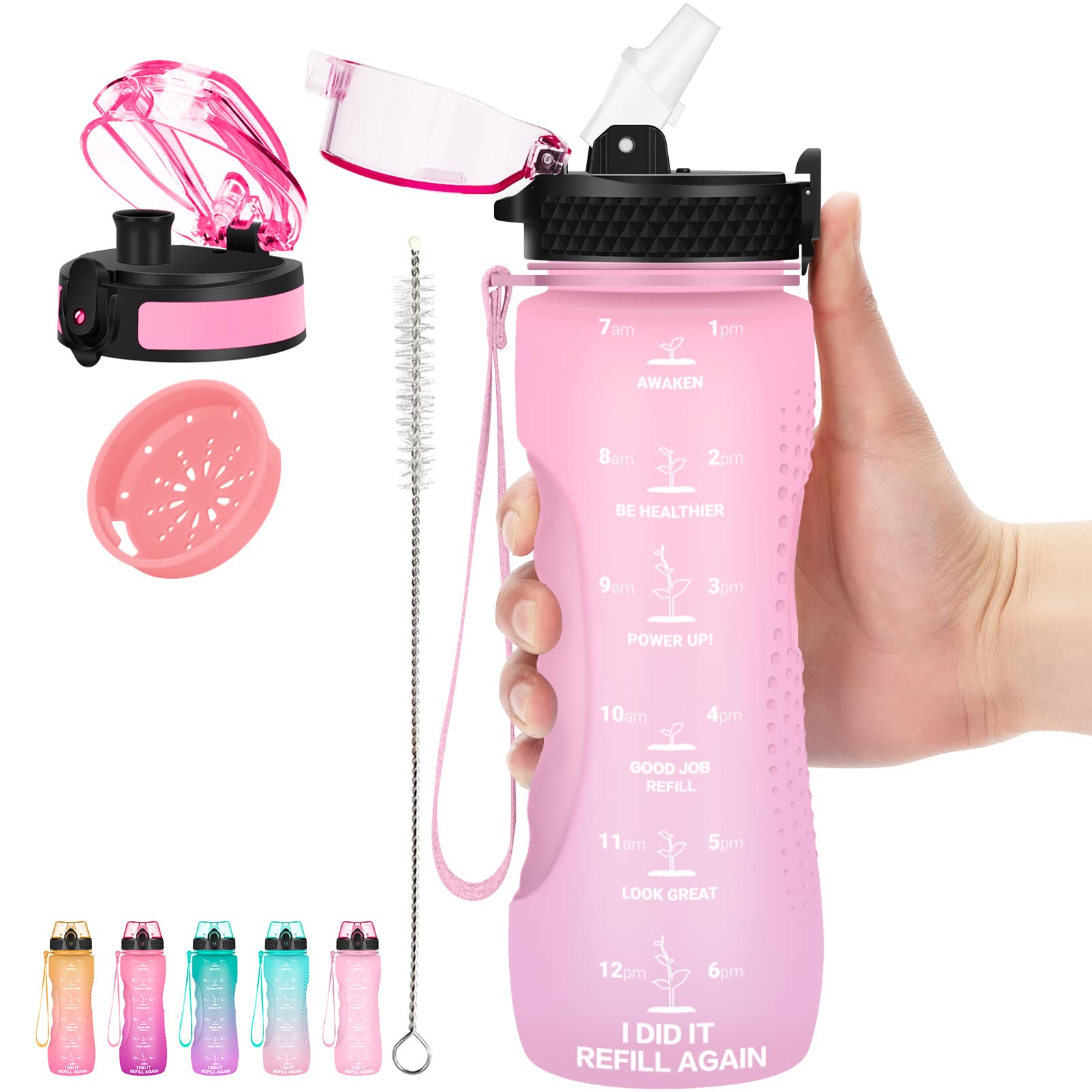 24 OZ Motivational Kids Water Bottle With Time Marker,Straw Lid&Chug Lid, Leak Proof, Tritan BPA Free Sports Water Bottle Pink(2 Lid)