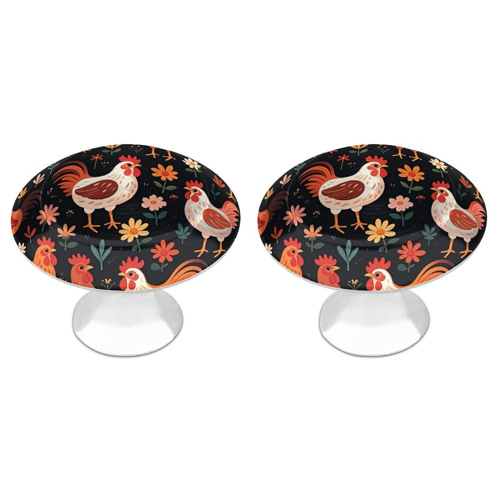 FekiLoot Round Cabinet Knob 2 Pack Kitchen Drawer Knobs Stainless Steel Round Drawer Pulls Modern Cabinet Hardware Cute Rooster Chickens Drawer Hardware for Dresser Closet Door Knobs