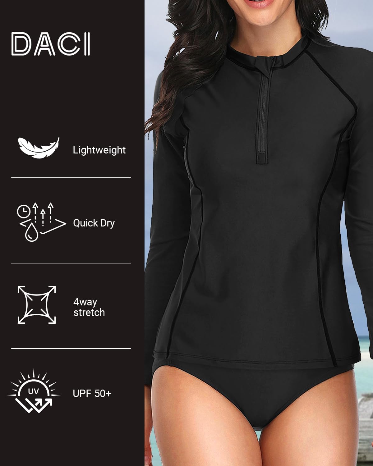 Daci Women 2 Piece Rash Guard Half Zipper Bathing Suit with Bottom Built in Bra Swimsuit UPF 50