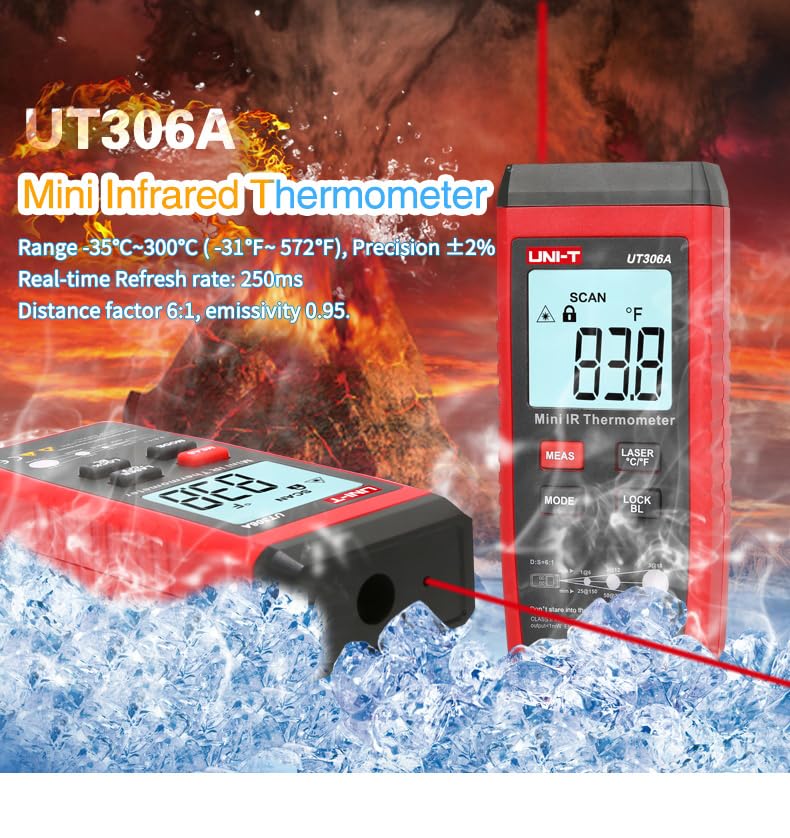 UNI-T UT306A Red Laser Thermometer Digital Infrared Thermometer Liquid Crystal Display Non-Contact -35~300C(UT306A)