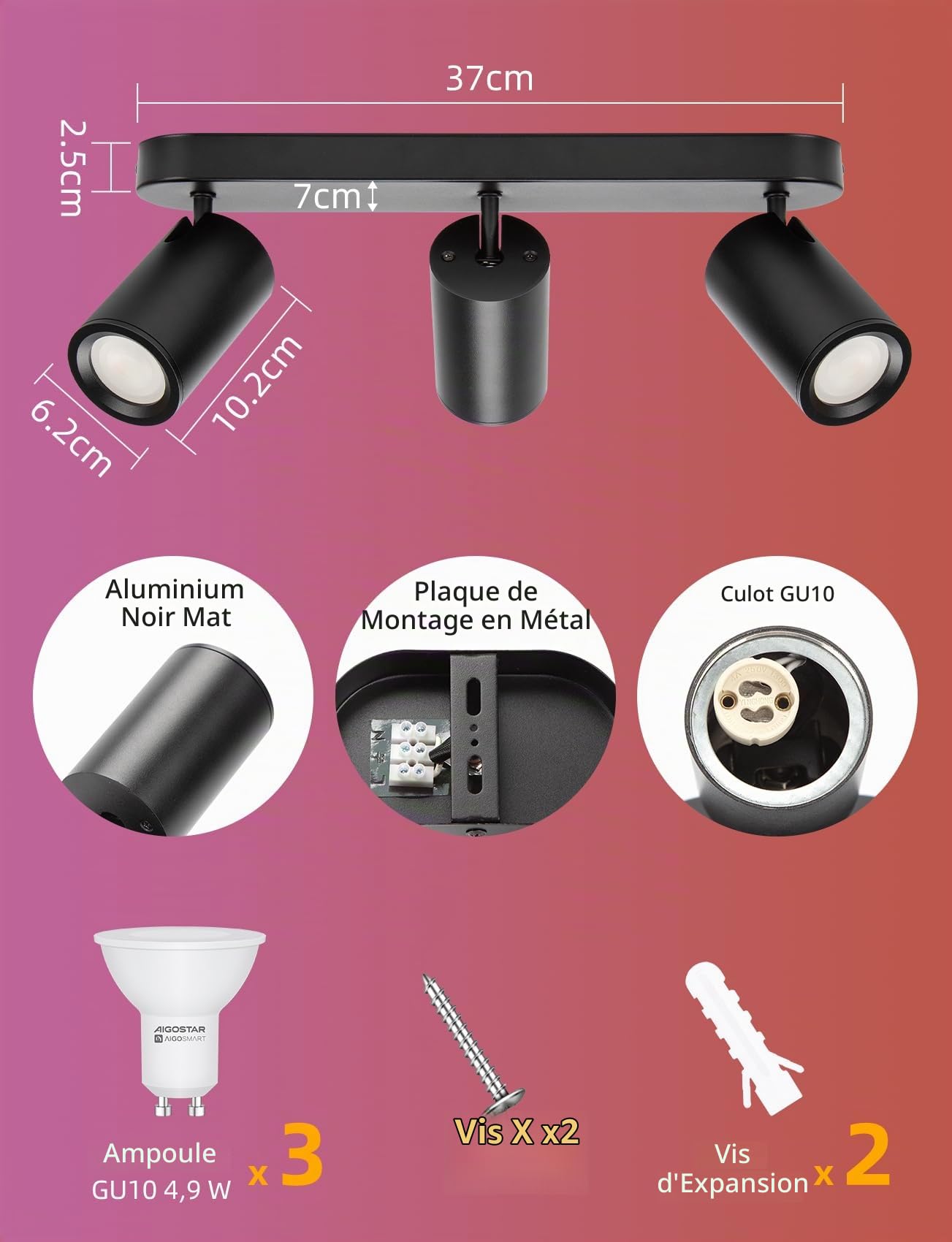 Aigostar Plafonnier LED Spots Alexa GU10, Applique 3 Spots de Plafond Couleur Réglable, Plafonnier avec Télécommande pour Cuisine Chambre Salon (Avec Ampoule Connectée)
