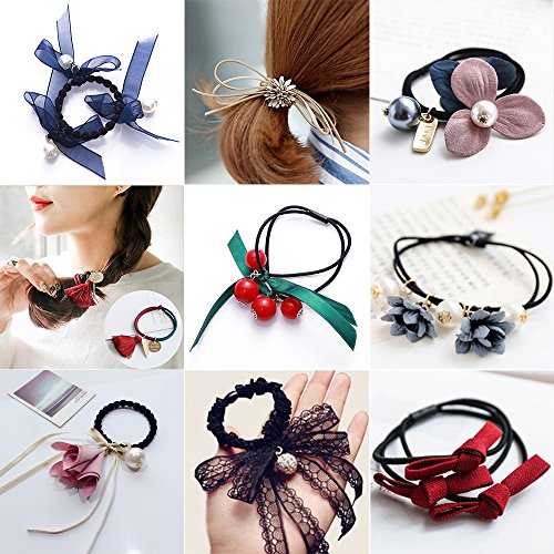 9 Pcs Women's Elastic Rubber Hair Rope Crystal Rose Flower Pearls Tassel Ponytail Holder Stretch Rings Ties Bands Hairband Headband Styling Rope Satin Ribbon Bow Headwear Stretchy Hair Accessories