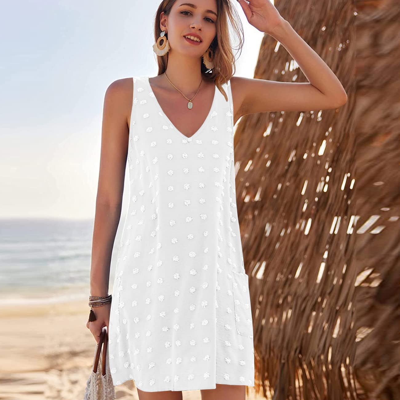 Robe de Plage Sans Manches V-Cou Mini avec Pochette Sexy Cache-Maillots et Sarongs Ete Maillot de Bain Bikini Cover Up Couvrir Bohème Beachwear
