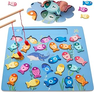 Montessori Preschool Learning Educational Activity Toys, Wooden Magnetic Fishing Game with ABC Alphabet Learning for Toddlers, Alphabet Matching Puzzle Board with Upper and Lower case Letters for Kids