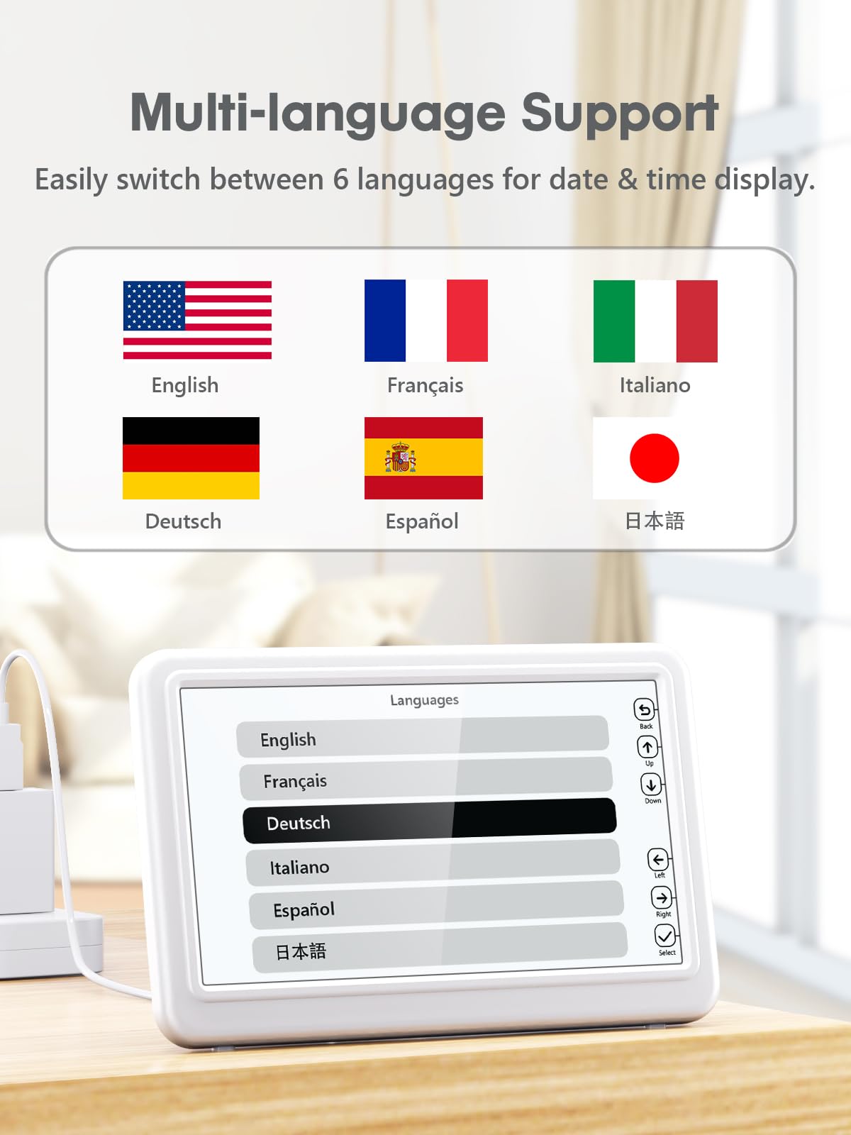 ROCAM Réveil Numérique 7", Calendrier Digital avec Date et Jour, 20 Alarmes & Rappels, Navigation Facile, Auto-DST, Horloge Numérique pour Personnes Âgées & Alzheimer, Grand Écran, 10Niveaux, 6 Langue