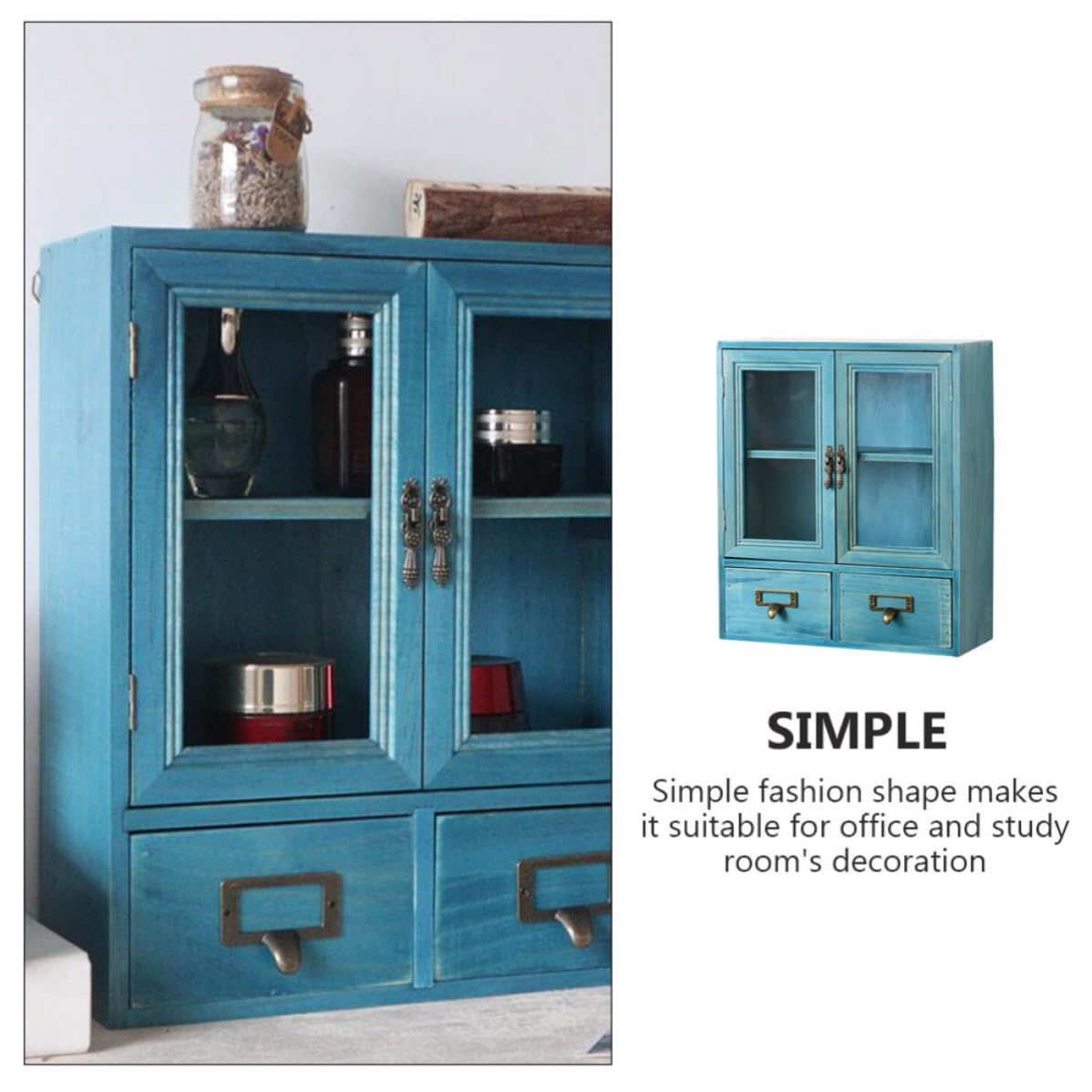 SOIMISS Armoire de Rangement Cosmétique Rétro en Bois, Tiroirs Multi-niveaux, Bleu, Verre et Fer, Grand Espace de Rangement, Tri et Organisation, pour Maquillage et Bureau à Domicile
