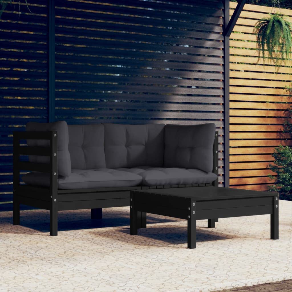 Salon de Jardin 3 Pièces en Bois de Pin Massif avec Coussins Anthracite - Ensemble Canapé d'angle et Table Basse Modulable pour Terrasse, Balcon et Patio - Noir
