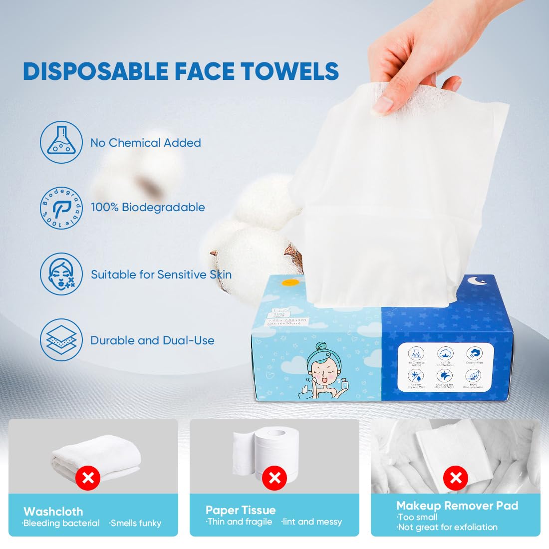 Orighty Asciugamani per il viso usa e getta, biodegradabili e puliti, salviette struccanti super morbide, panno assorbente per la rimozione del trucco, pulizia del viso, infermieristica, all'aperto,