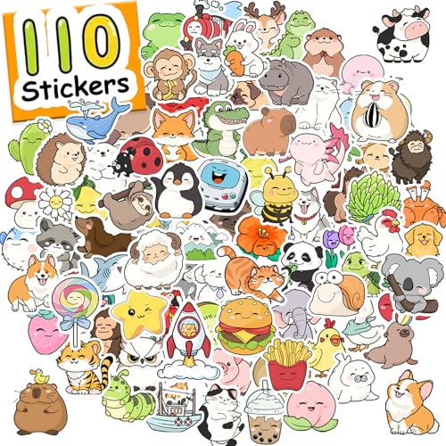 110Pcs Cute Stickers for Kids， Kawaii Sticker Pack for Water Bottle, Easy Peel Stickers Design - Waterproof Decal for Laptop Scrapbook Pads Guitar, Teacher Supplie Classroom Sticker
