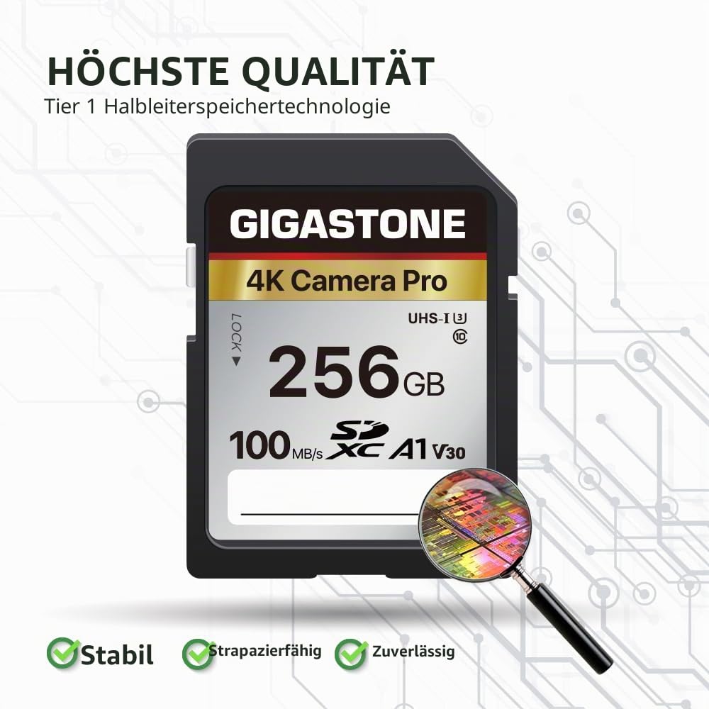 GIGASTONE 256GB SDXC Speicherkarte, 4K Kamera Pro, bis zu 100 MB/S, Digitalkameras Canon Sony Nikon Olympus, A1 UHS-I U3 V30 Klasse 10, 4K UHD Videoaufnahmen