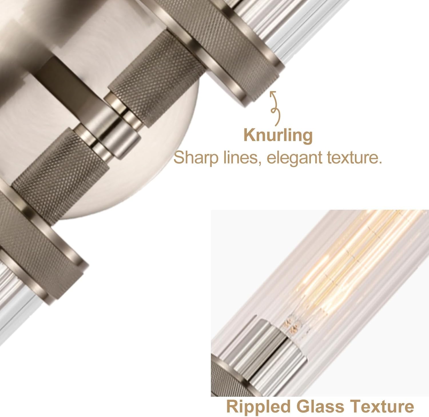 LaLuLa 2-Light Brushed Nickel Vanity Wall Lights Set of 2 –Hardwired Bathroom Light Fixtures with Rippled Glass Shades and Textured Metal Body, Chrome Accent Sconces for Over Mirror or Hallway