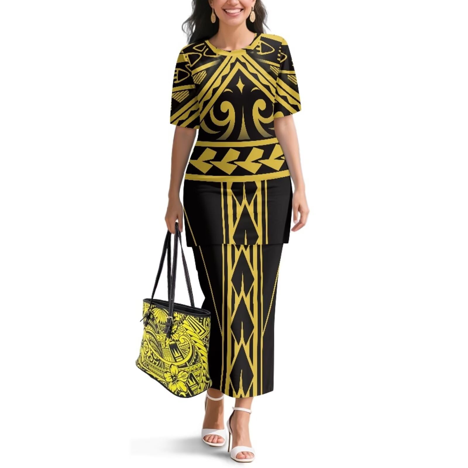 Samoa Puletasi Dress for Women Polynesian Top and Maxi Skirt Sets
