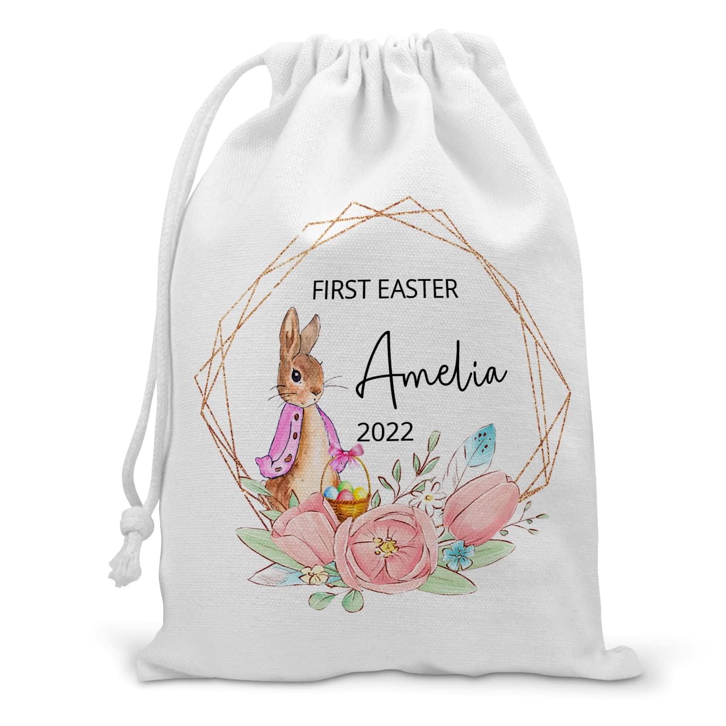Personalised First Easter Bag for Girls – Pink Bunny Drawstring Sack – Custom Easter Egg Hunt Gift – Baby’s 1st Easter Keepsake – Floral Rabbit Treat Bag