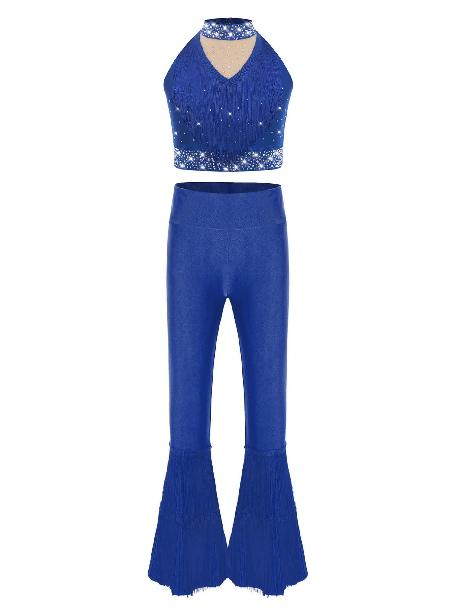 easyforever Kids Girls Sparkly Rhinestone Mock Neck Ballet Dance Crop Tops and Tassel Bell Bottom Pants Set Dancewear Blue 12 Years