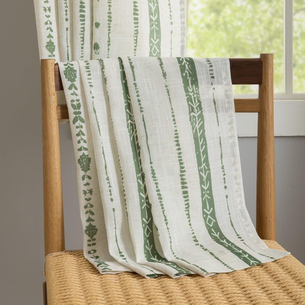 Green Boho Curtains for Living Room 84 Inches Long 2 Panels Set,Vintage Farmhouse Semi Privacy Linen Curtains,Rustic Country Drapes with Bohemian Line Printed for Dining Room, W52 X L84