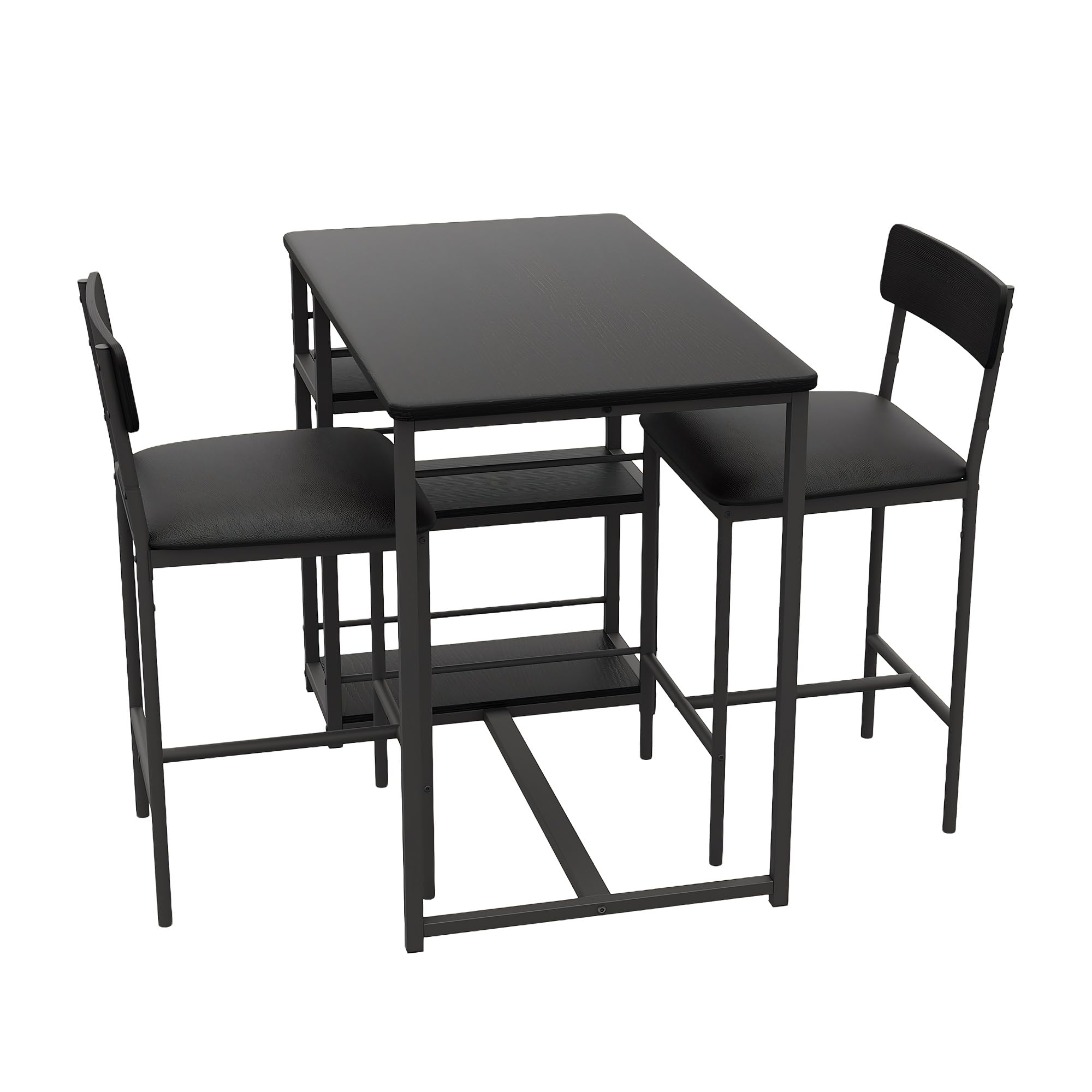 Set Tavolo da Bar con 2 Sgabelli Imbottiti e Tavolo Alto con 3 Ripiani di Stoccaggio, Set Tavolo da Cucina Salvaspazio per Piccoli Spazi, Tavolo da Pranzo per Casa, Bistrò e Monolocale, Nero