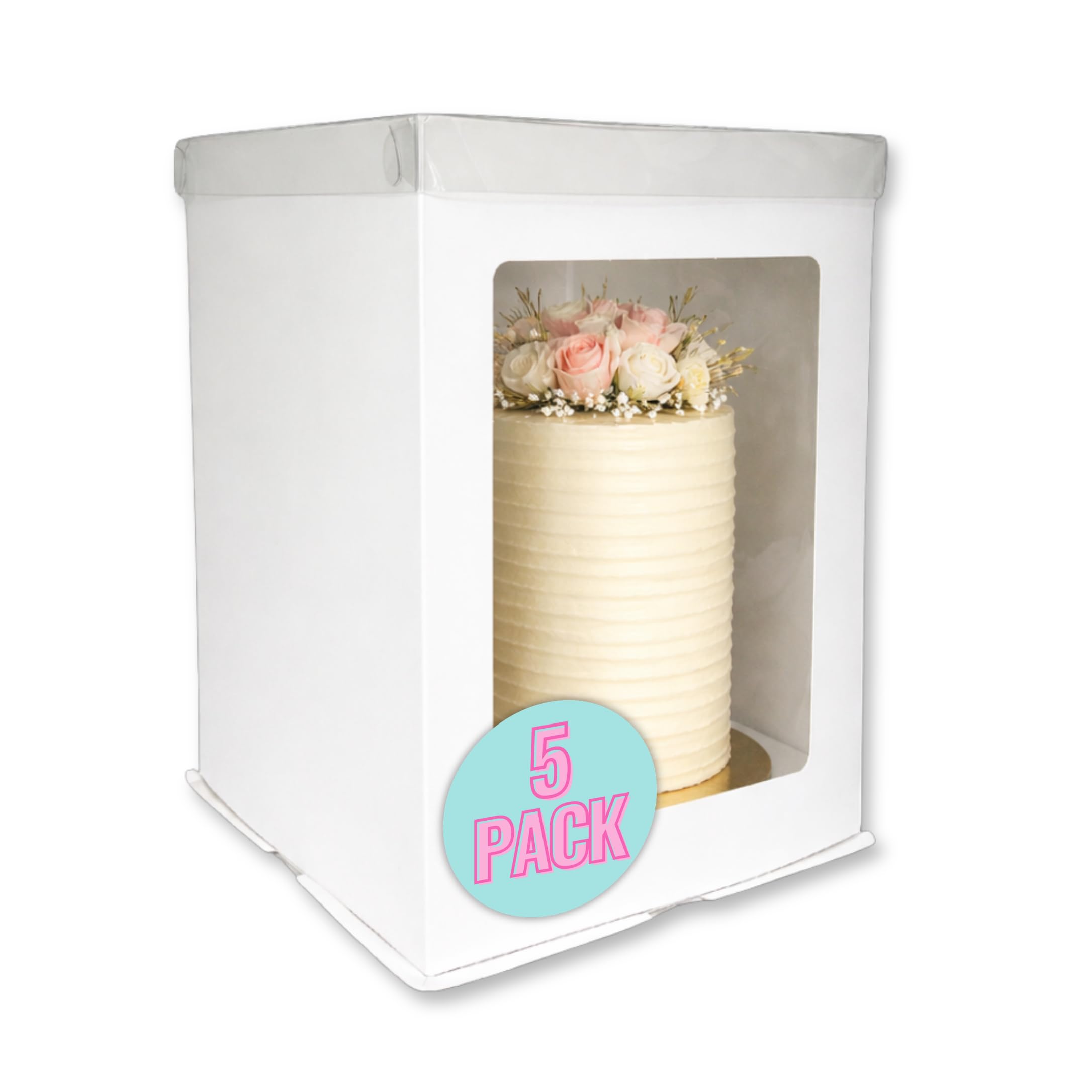 Edible Print Supplies 10" Extra-Tall White Cake Boxes with Clear Lid and Full Display Window, Pack of 5, 10 inch (10 x 10 14 inch)