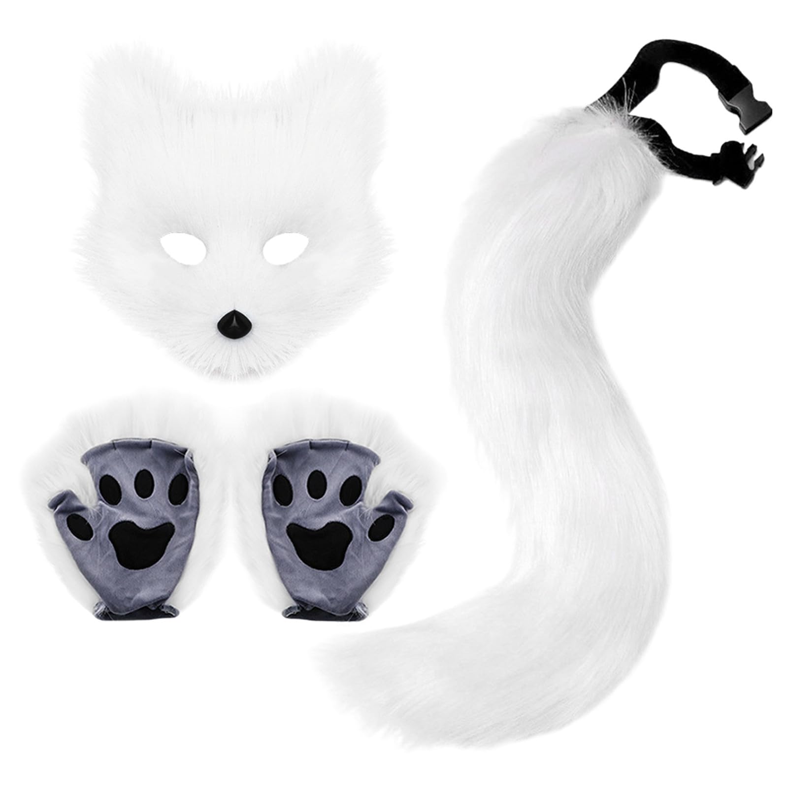 Furry Costume Fox Mask and Tail Set Adult Halloween Costumes 1 Set Realistic White Plush Therian Gear Includes Fox Mask Tail and Paws for Masquerade Cosplay Party Shooting Accessory