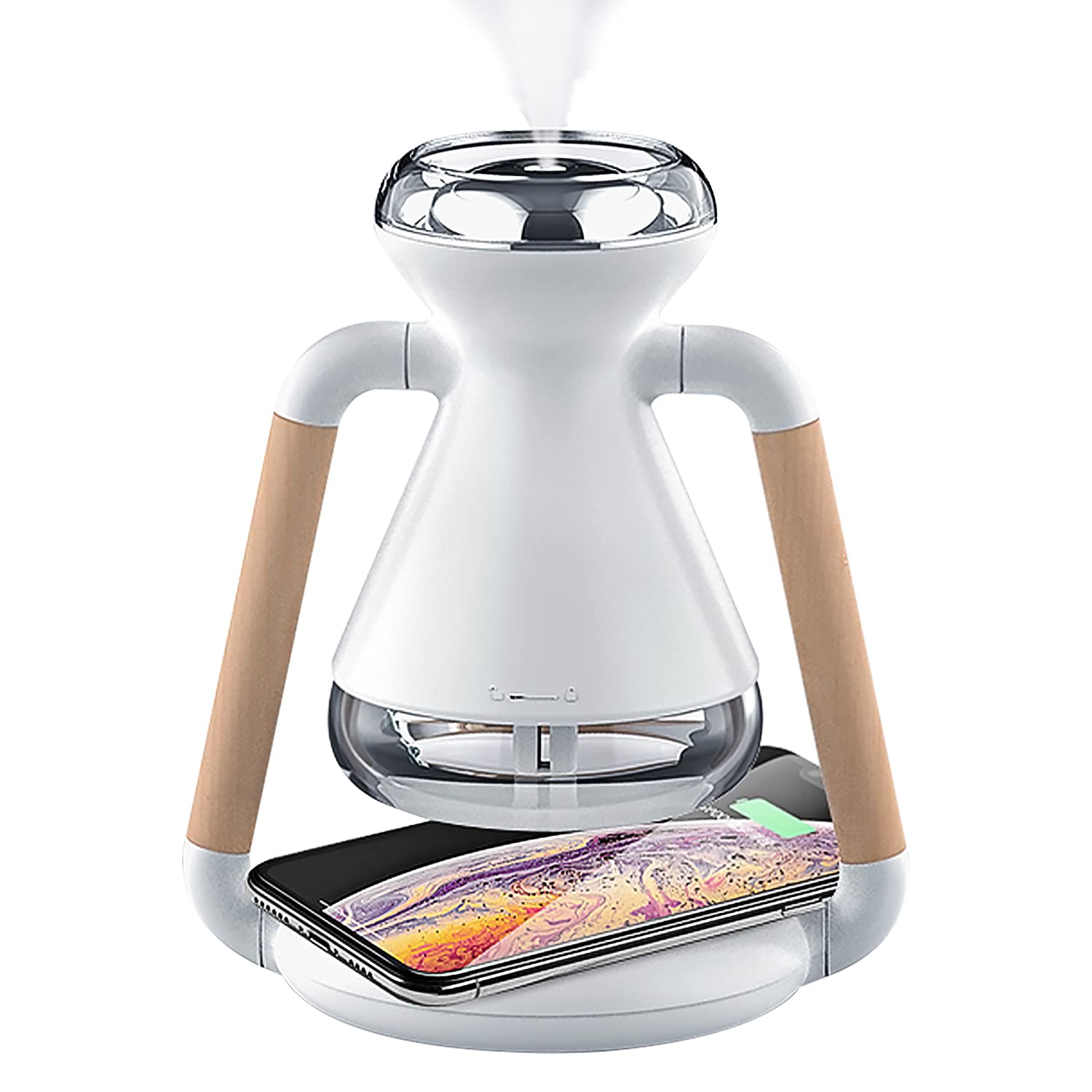 Przenośny nawilżacz powietrza USB, dyfuzor zapachowy z bezprzewodową ładowarką Qi, używany do bezprzewodowego ładowania telefonu komórkowego, 230 ml ultra cichy nawilżacz ultradźwiękowy, bezBPA dyfuzor zapachowy Ole do biura