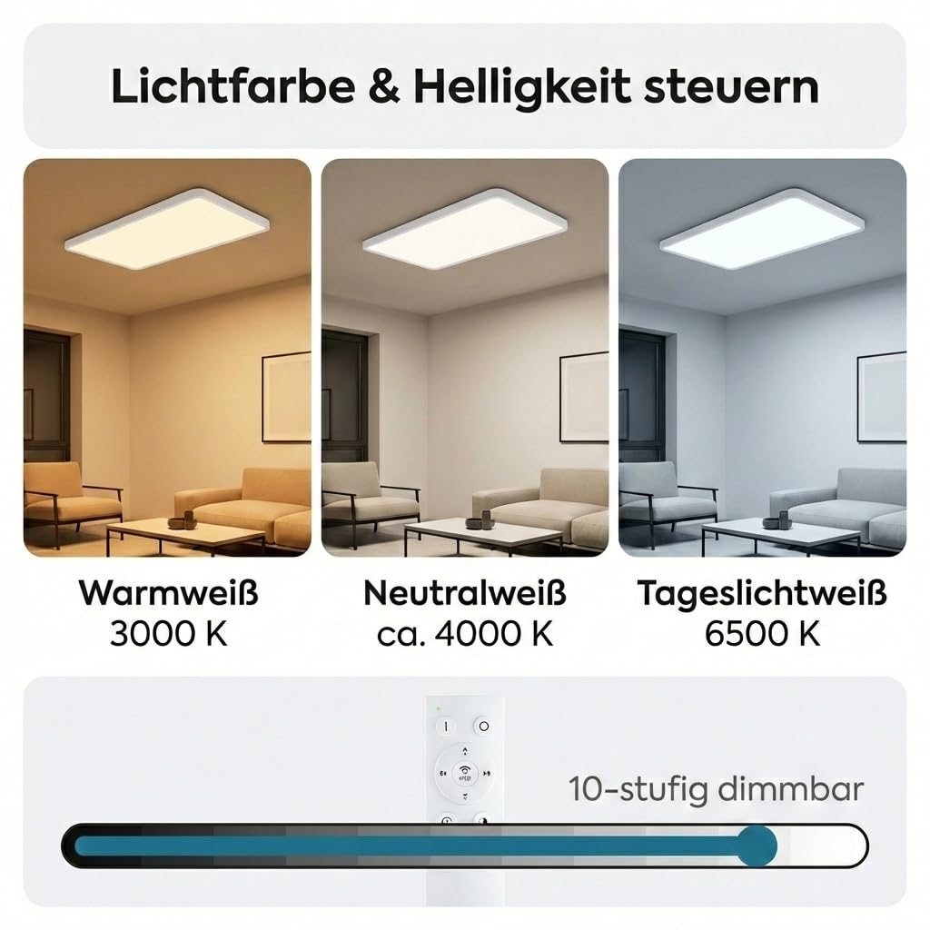 LED Panel Deckenleuchte weiß rechteckig flach 90x60cm CCT 3000-6500K variable Lichtfarbe, dimmbar, mit Fernbedienung, integriertes Netzteil, flimmerfrei IP20 L895xB585XH28mm
