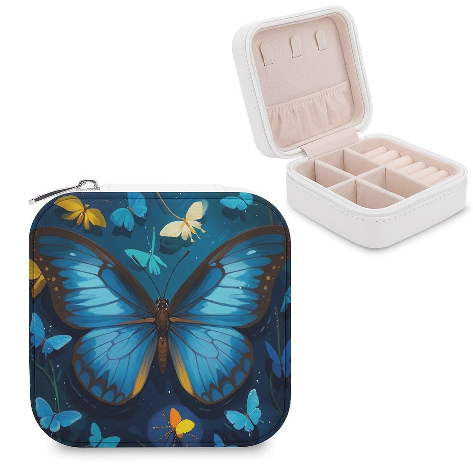 FekiLoot Blue Butterfly Pattern Jewelry Case Leather Jewelry Organizer Travel Jewelry Case Portable Small Jewelry Box Mini Display Storage Box Trinket Organizer for Ring Earring Necklace