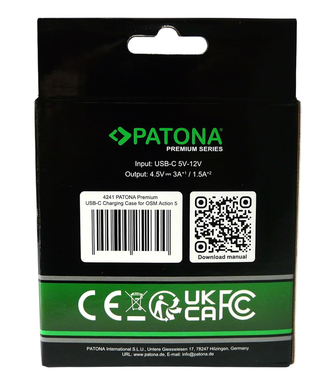 PATONA Premium Dual Charging Box per DJI Osmo Action 3 4 5 6 – Caricatore con connessione USB-C e indicatore di carica – per 2 batterie BCX202, ricarica sicura grazie al sistema MCU, cavo USB C