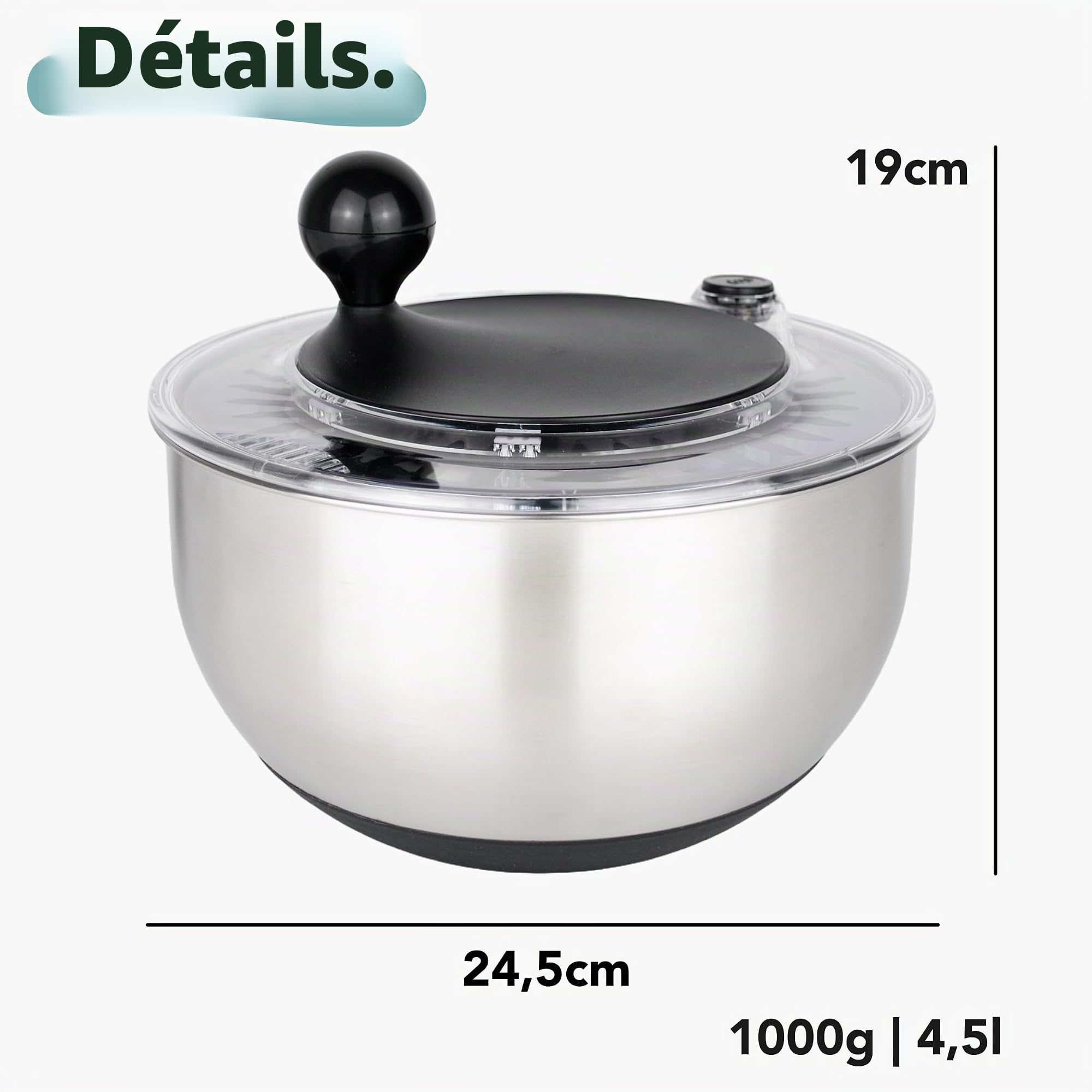 Cookery - Essoreuse à salade en acier inoxydable (4,5 l) + mandoline à légumes avec 5 lames / essoreuse à salade facile grâce au fond antidérapant et à l'entraînement cube