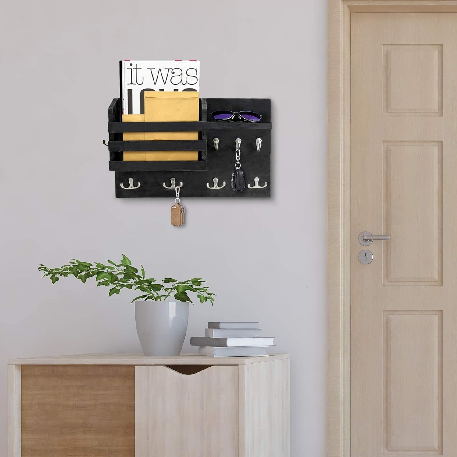 Mail Organizer Wall Mounted with Shelves and Hooks, Mail Holder for Wall with Key Hooks, Black Mail and Key Holder for Wall Decorative, Wall Mail Organizer and Storage for Entryway, Hallway
