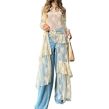 SANSIWU Women Long Flowy Kimono Cardigan Mesh Long Sleeve Sheer Short Front Lace Duster Robe Summer Beach