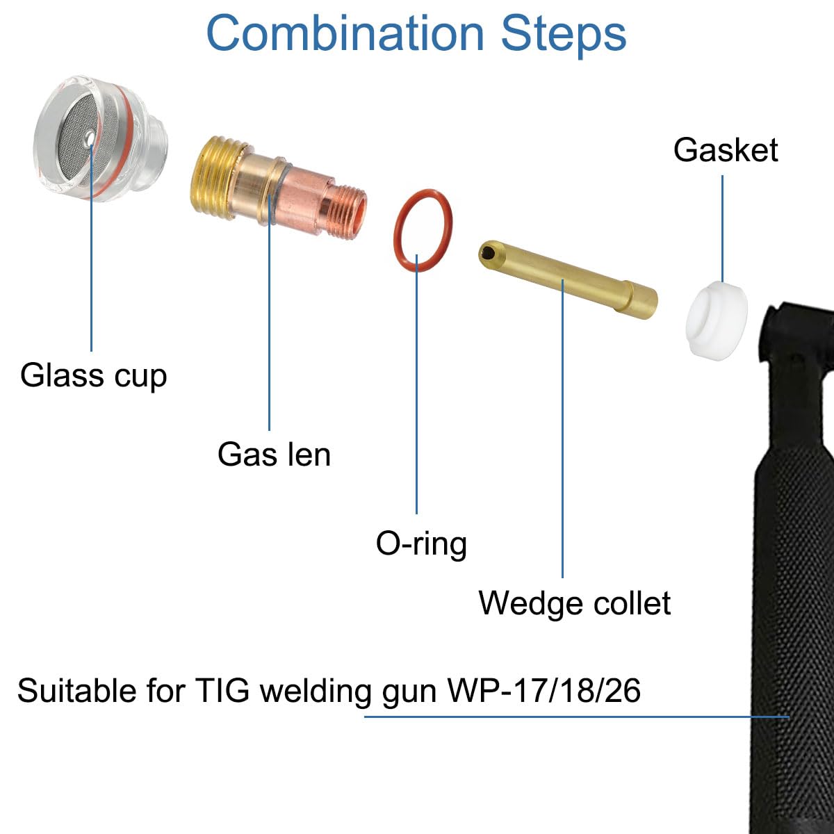 Kit tazza di vetro per TIG WP-17/18 / 26 Torcia di saldatura a gas Len 2.4 mm Collet Chuck Body Guarnizioni in gomma Cup Seal Finger Cot Welding Gun Consumables Accessories Kit