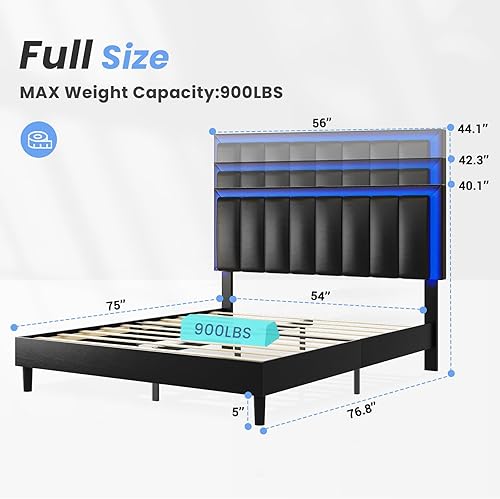 Miniatura 2 de DICTAC Marco de cama tapizado completo con cabecera LED moderno marco de cama LED con cabecera ajustable tela de lino de perfil bajo marco de cama