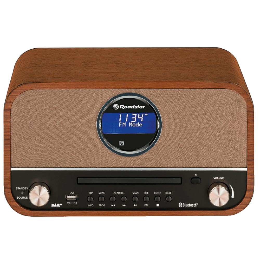 Roadstar HRA-​1782NBT Stéréo Vintage, Radio Numérique FM, Lecteur CD-​MP3/​CDR/​CDRW, Bluetooth, Enregistrement et Lecture USB, ENTRÉE AUX RCA, Télécommande, Connexion pour Casque, Rétro, Bois