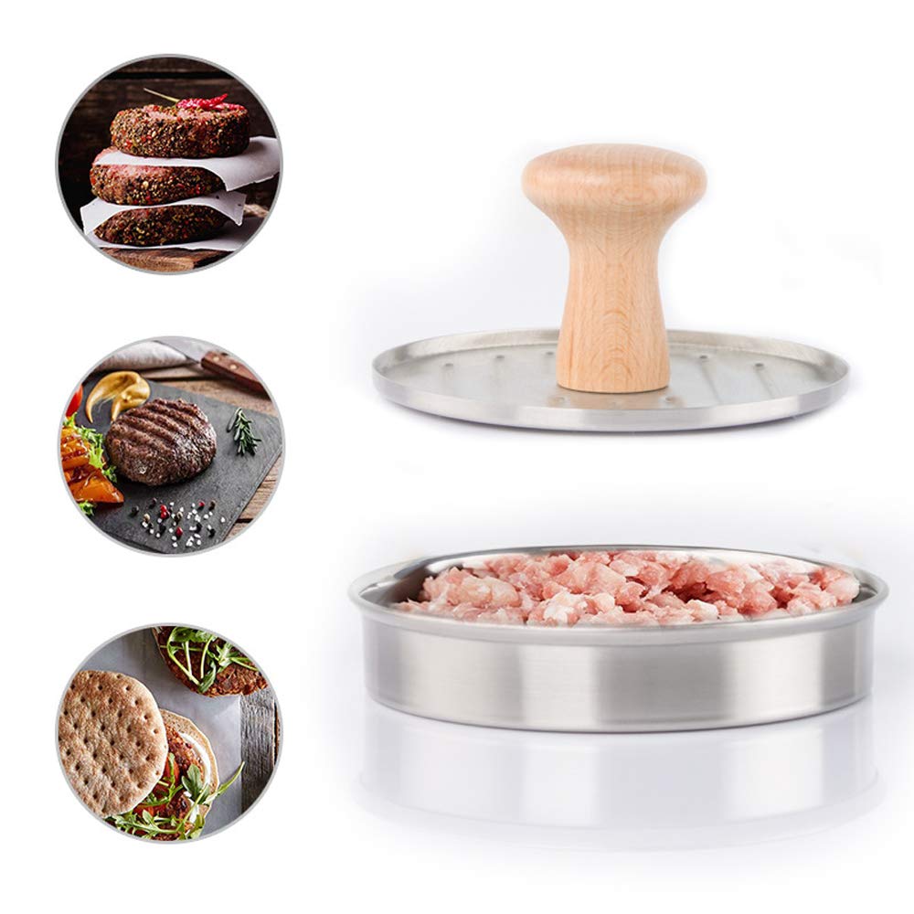 13,3 cm Burger Press Wypchany Hamburger Patty Maker Forma ze stali nierdzewnej Nieprzywierająca Presser do mięsa Niezbędne akcesoria do grillowania do suwaków do mięsa i zwykłego burgera wołowego z drewnianym uchwytem do grilla