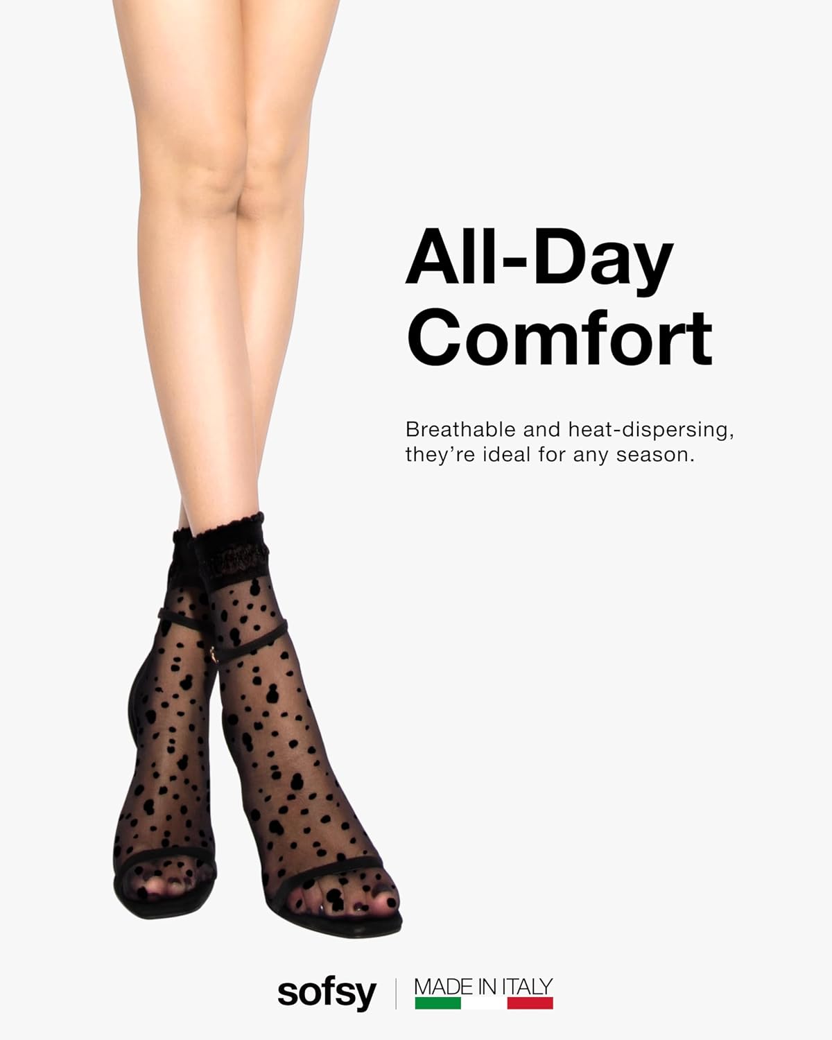 sofsy Italian Dotted Socks Collection (Ankle & Knee High) 20 Den Sheer Patterned Stockings with Ruffled Lace, Geometric Cuffs