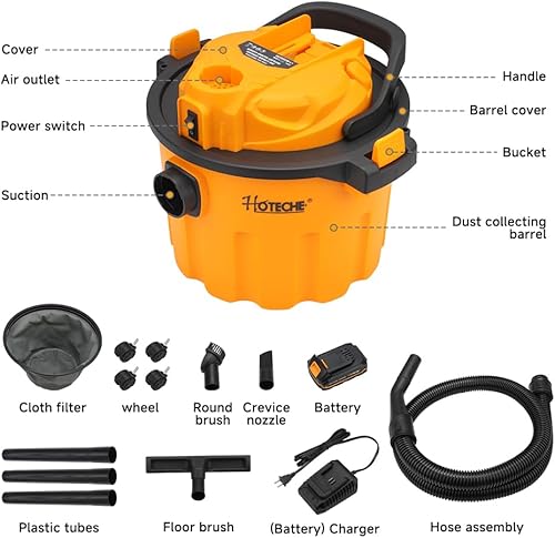 Miniatura 2 de Hoteche Aspiradora portátil inalámbrica de 20 V para garaje y taller con taza de polvo de 10 L, función de soplado, funcionamiento silencioso