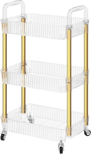 Dttwacoyh Carrito rodante de 3 niveles, carrito de maquillaje con ruedas, carrito de aperitivos, PET y carrito rodante de metal para sala de estar,