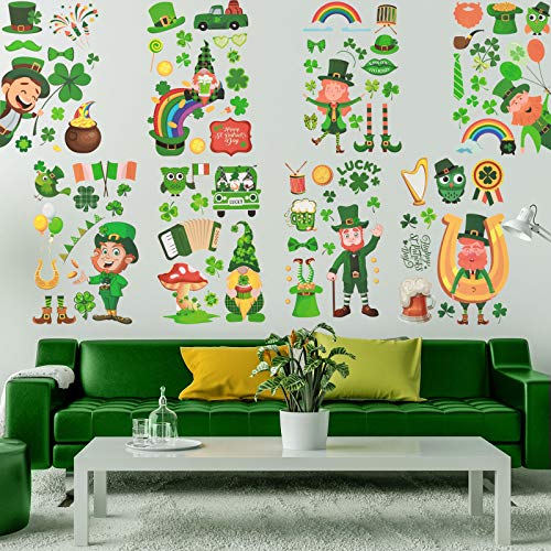 101 Pieces 8 Sheet St. Patrick's Day Wall Stickers Shamrock Leprechaun Gnome Stickers PVC Wall Decals for Bedroom Living Room Sofa Backdrop TV Wall Decoration