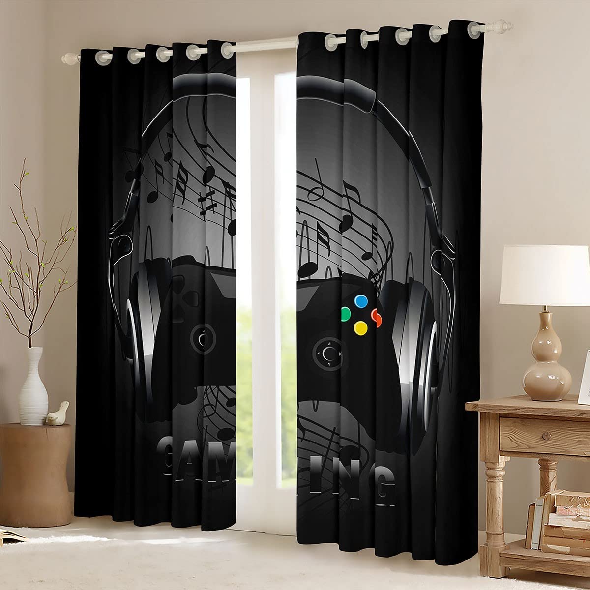 Loussiesd Gaming Curtains Black Grey Gamer Curtain for Boys Bedroom Music Headphones Notes Window Drapes Kids Teens Video Game Controller Home Decor Texture Curtains W46*L72 - Image 2
