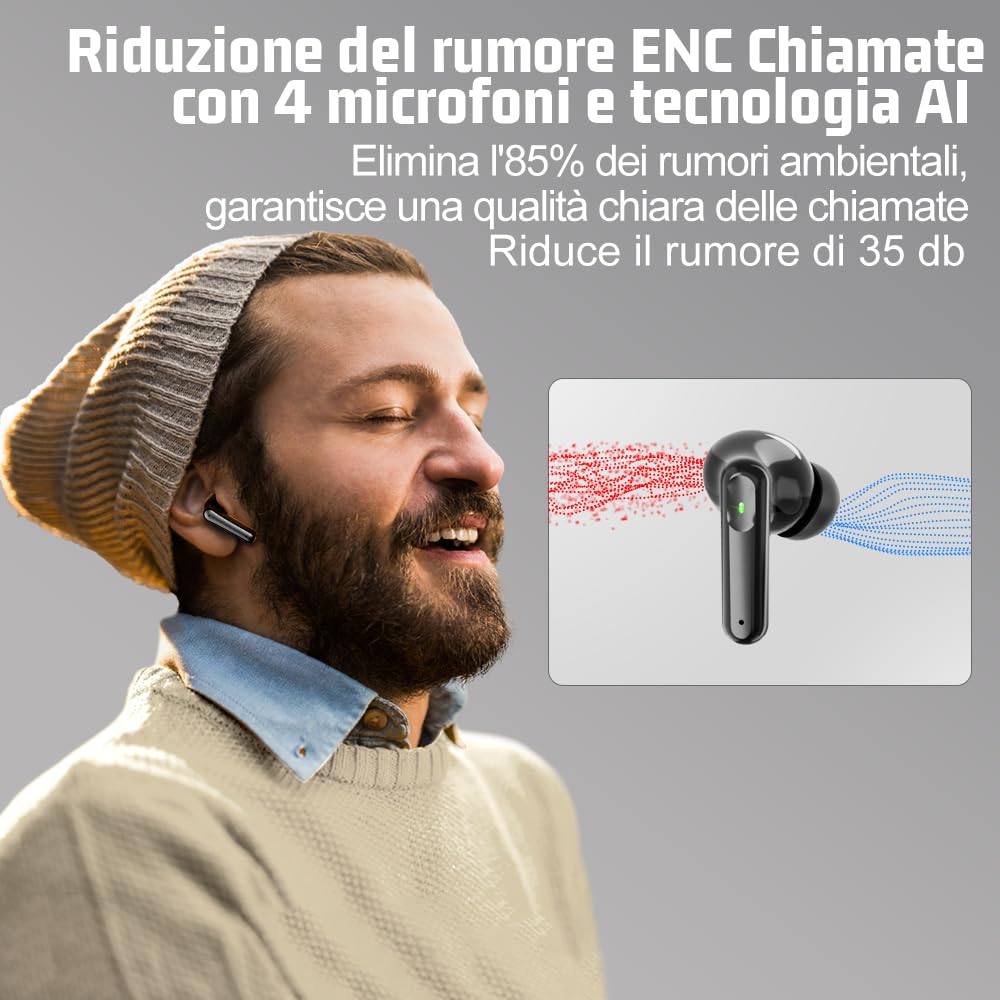 Auricolari Bluetooth 5.3 In Ear Stereo con 4 Microfono ENC, 60 Ore Cuffiette Wireless Cancellazione Rumore IP7 per iPhone e Androide