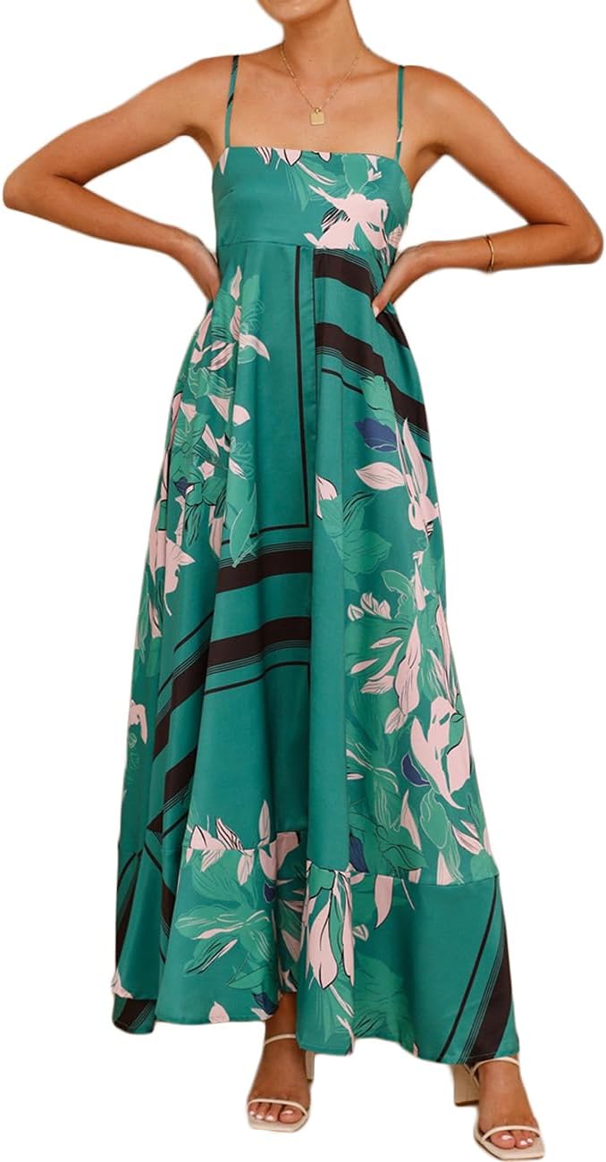 Women Summer Beach Boho Spaghetti Strap Smocked Floral Maxi Dress Casual Loose Flowy A Line Print Long Dress