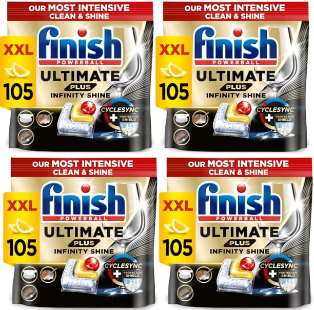Finish Ultimate Plus Infinity Shine Dishwasher Tablets bulk | Scent : Lemon | Size: Total 420 Dishwasher Tabs |For Unbeatable* Clean and Diamond Shine (Pack of 4)