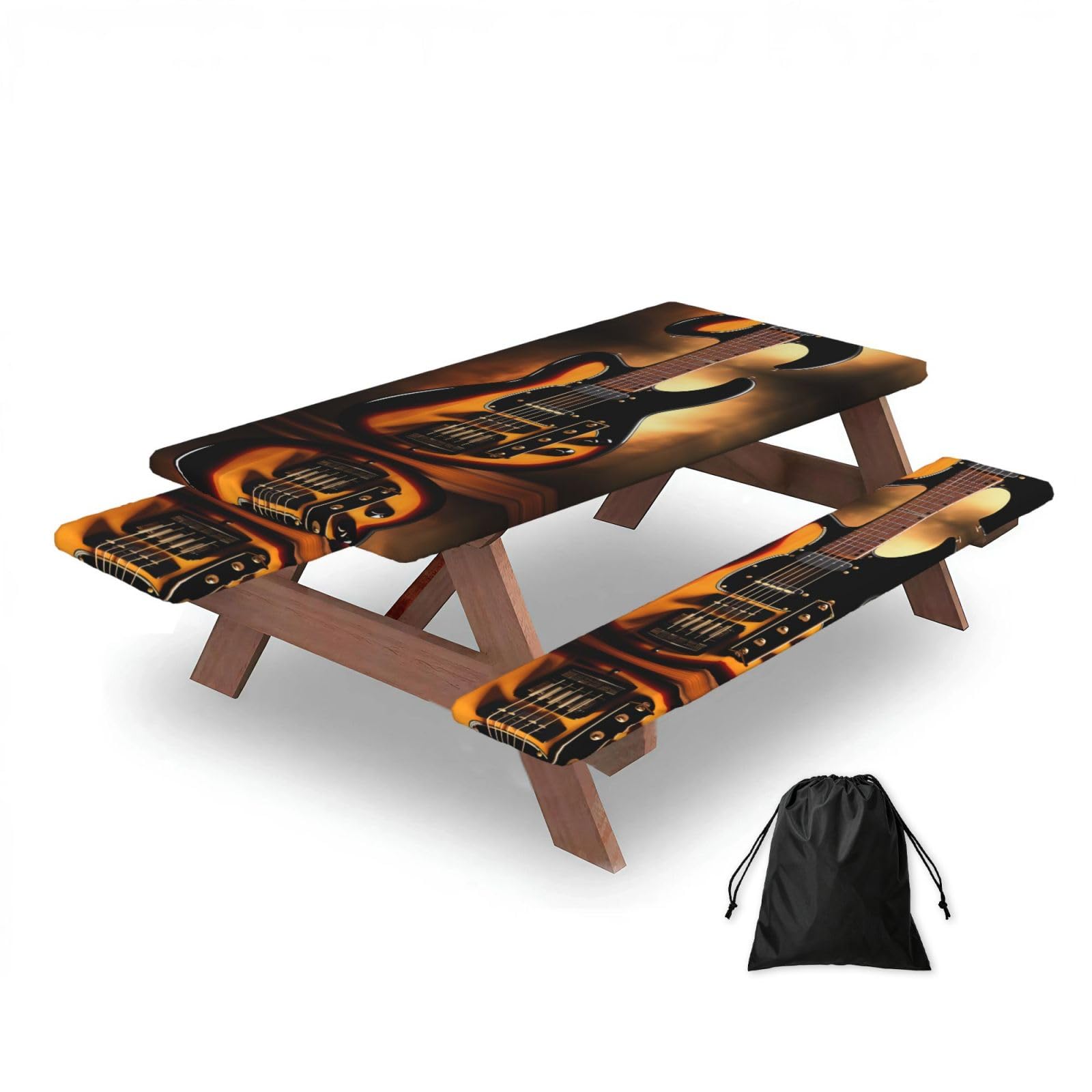 Zqytgfdc Black Instrumental Guitar Rectangular Water-Repellent Picnic Tablecloths, Outdoor Camping, Picnic, Bbq