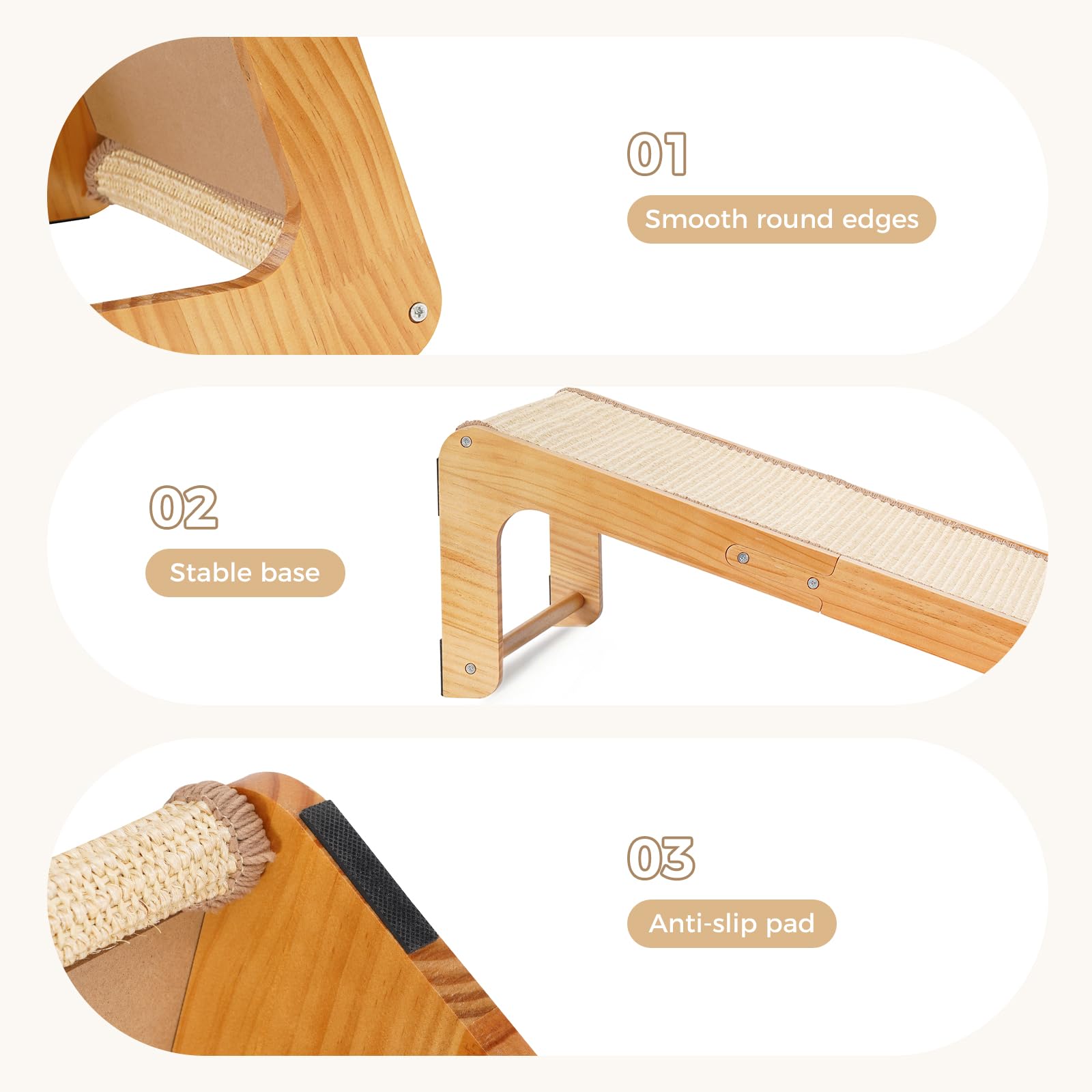 Avont Griffoir pour Chat en Sisal Naturel, Gratoir pour Jouer et Grimper, en Forme de L, Angle à 110°, Rampe et Planche Griffoir Chat en Bois, Grand Grattoir, Protection des Meubles 65×37 cm –Style B