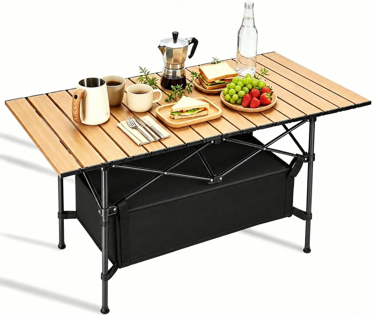 Portable Picnic Table with Foldable Aluminum Tabletop, Wood Grain