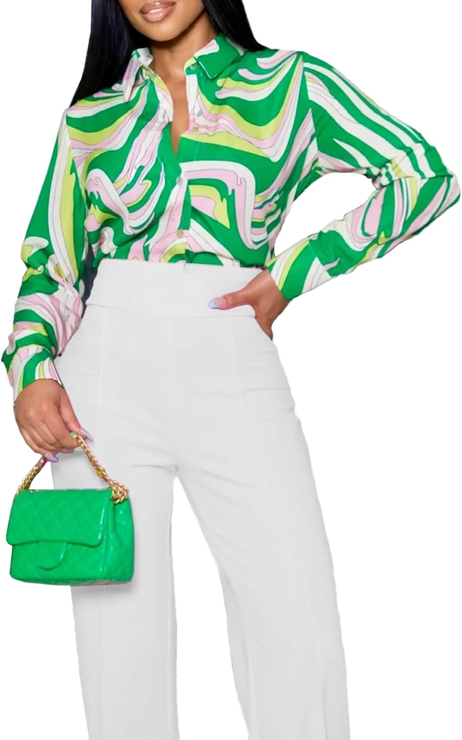 PINSV Women's Printed Button Down Shirt Long Sleeve Lapel Dressy Casual Work Blouse - Image 2