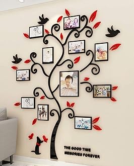3D Tree Wall Stickers - Family Tree Wall Decor Black Trunk Picture Frame DIY Photo Frame Decals Family Frames Living Room (Red, Medium)