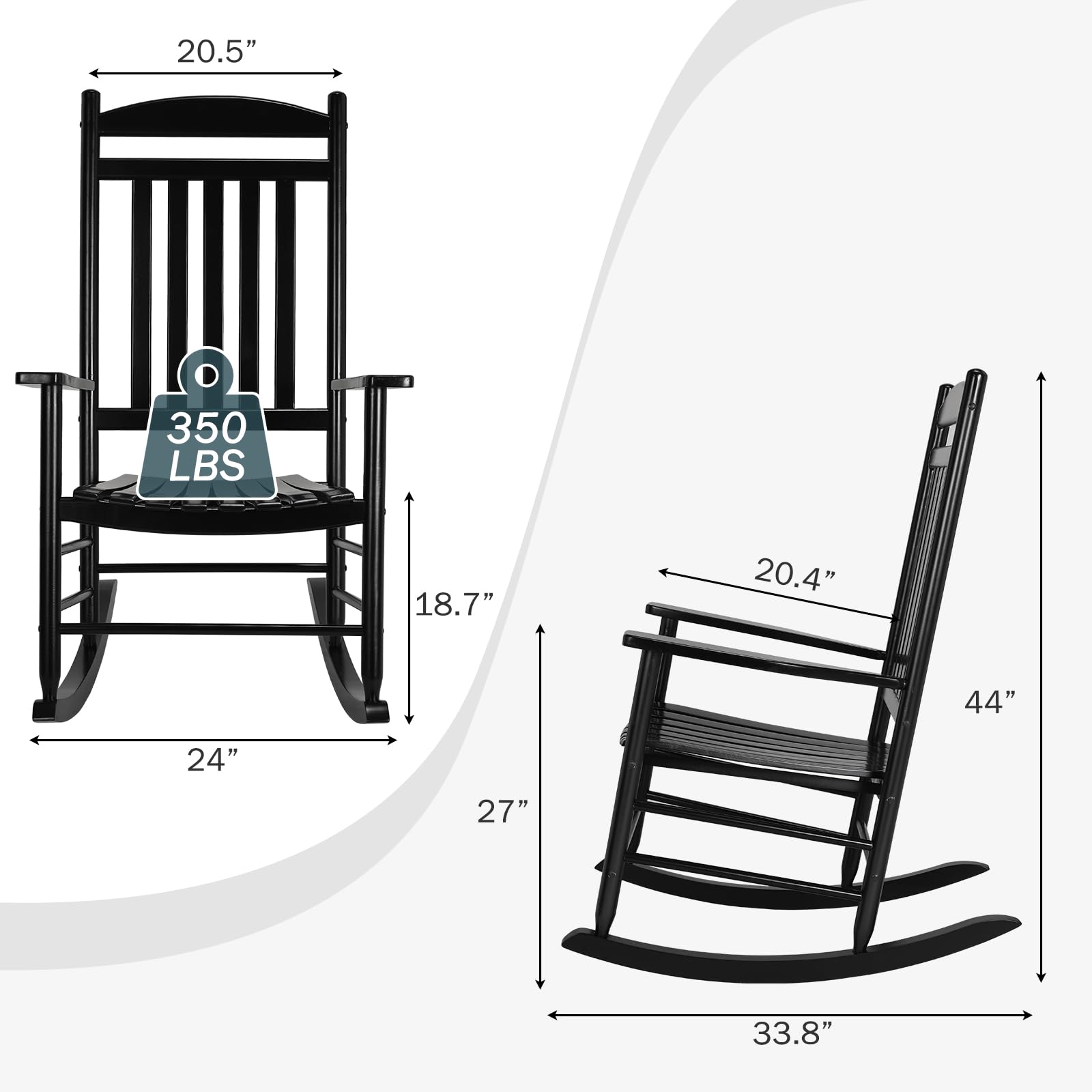 MAMIZO Schaukelstuhl aus Holz für den Außenbereich mit hoher Rückenlehne, Schaukelstuhl für den Innenbereich, übergroß, einfach zu montieren, für Garten, Rasen, Balkon, Veranda (Schwarz, 1 Stück)