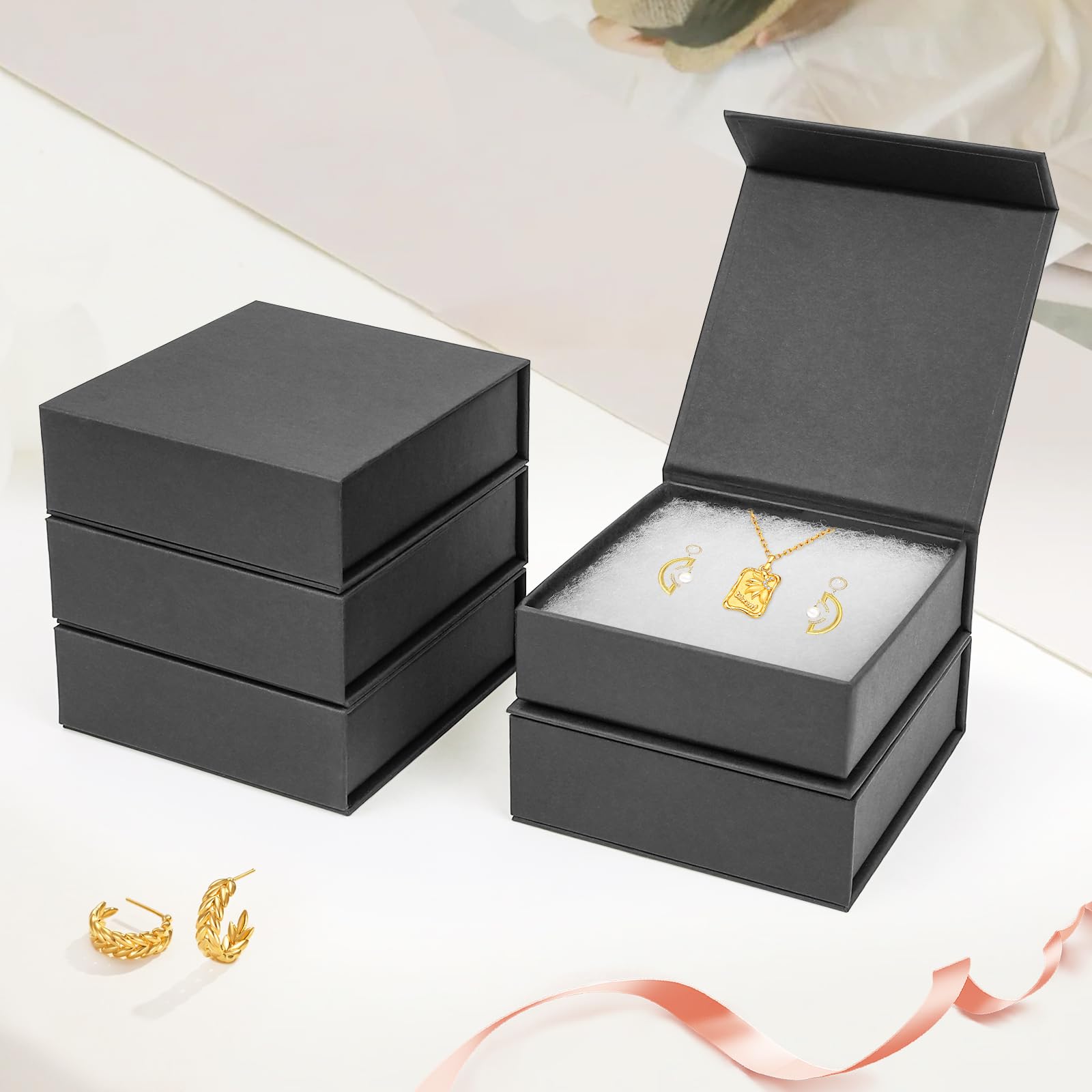 Mirgrime Jewelry Gift Boxes, 5 Pack 3.5x3.5x1 inch Small Jewelry Boxes, Cardboard Jewelry Box for Necklaces Bracelet Earring Ring(Black)